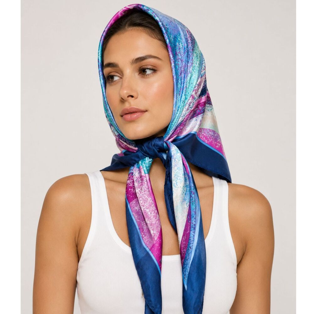 Colorful Blue Pink Satin Square Scarf